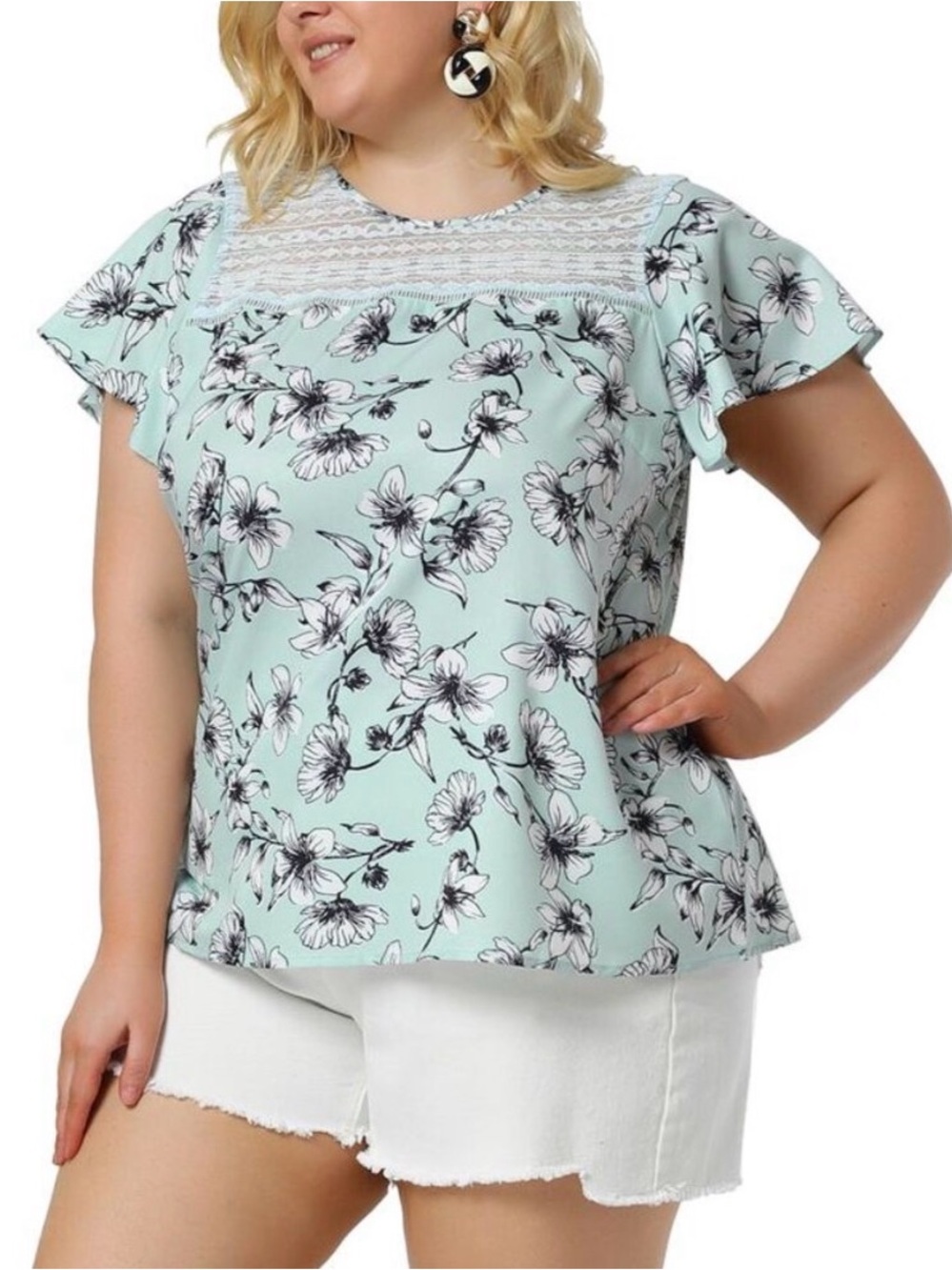 Light Mint Floral Lace Yoke Women's Top